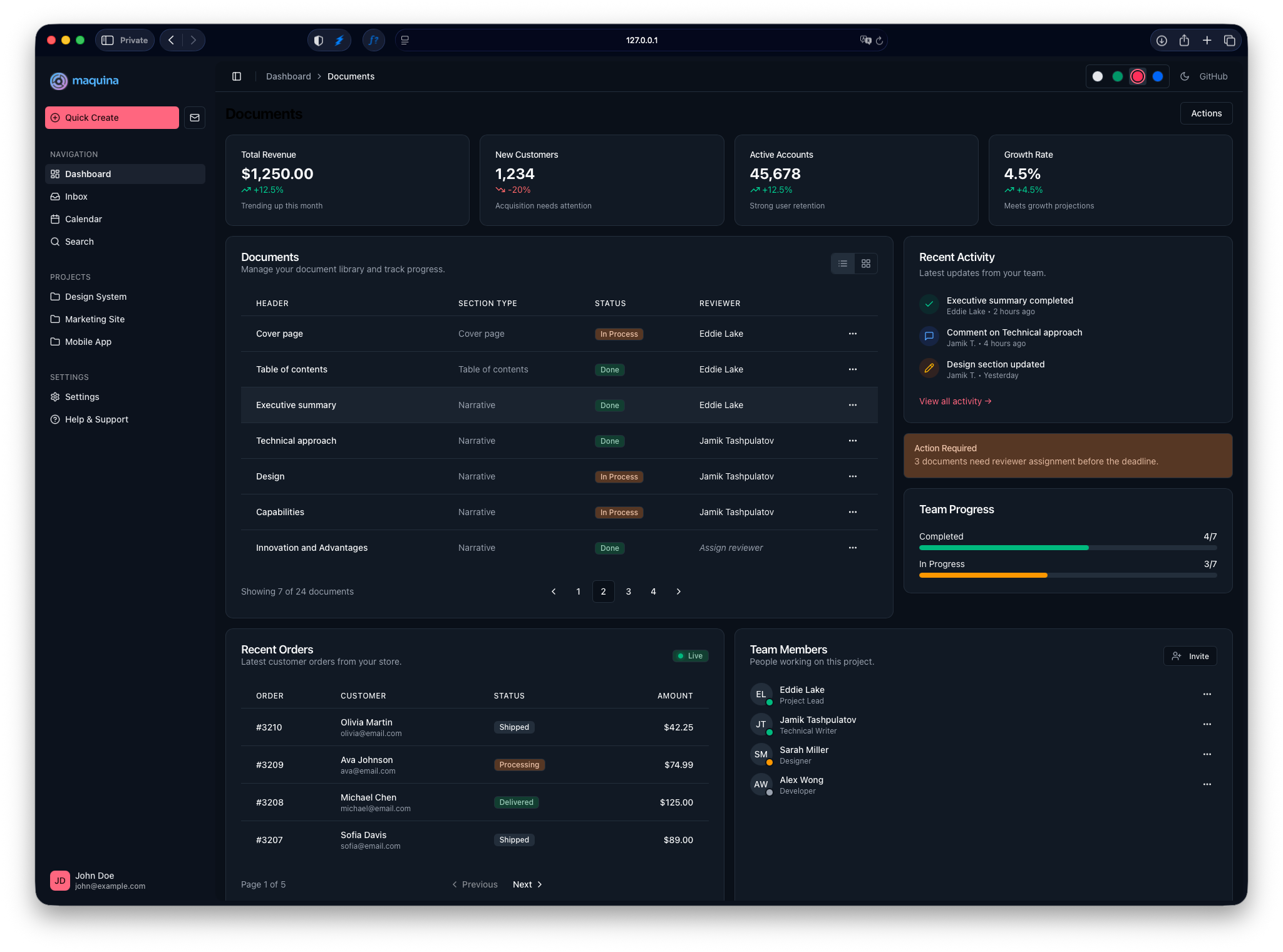 Maquina Components demo application showing cards, tables, and form elements