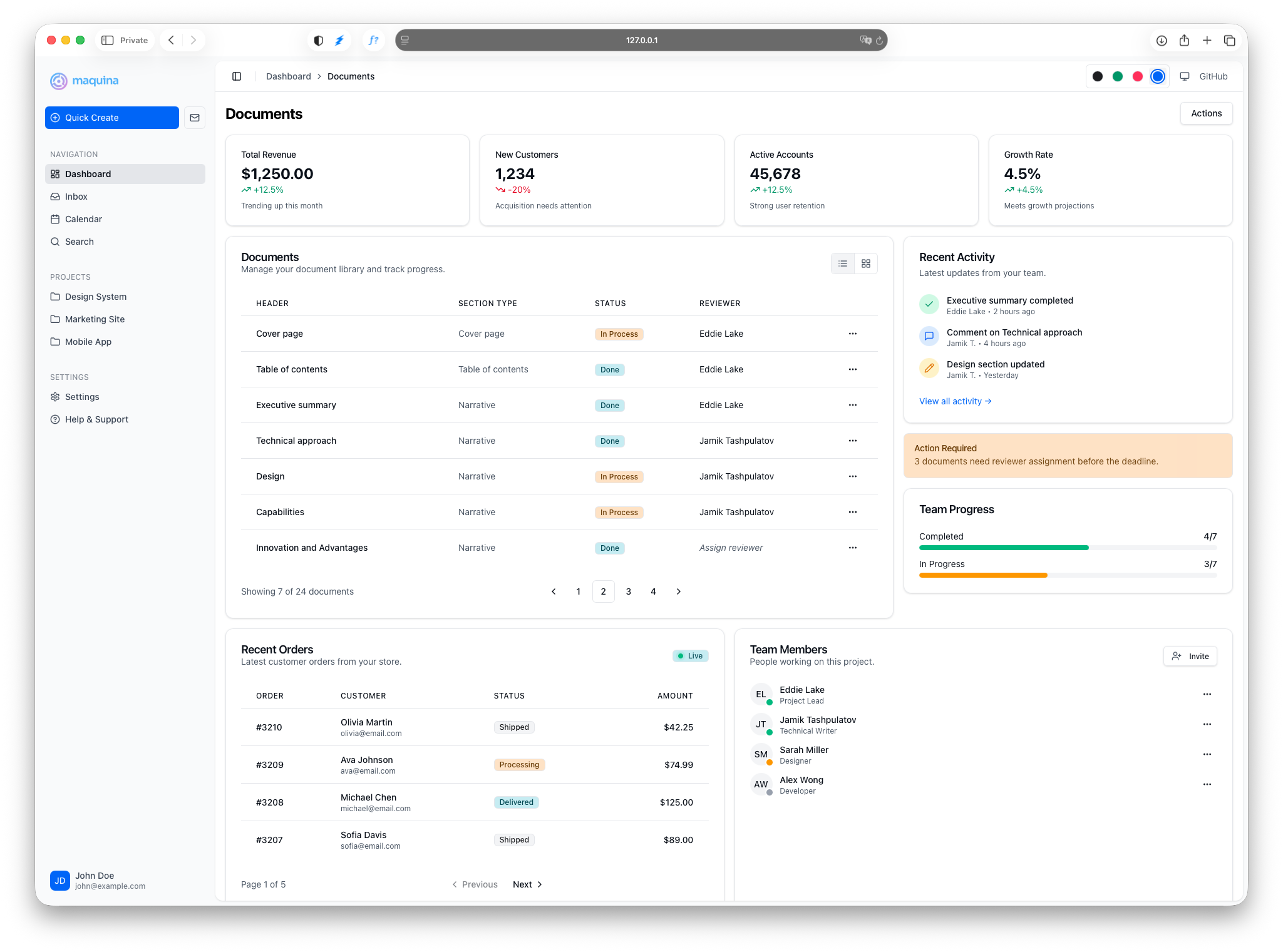 Maquina Components demo application showing cards, tables, and form elements