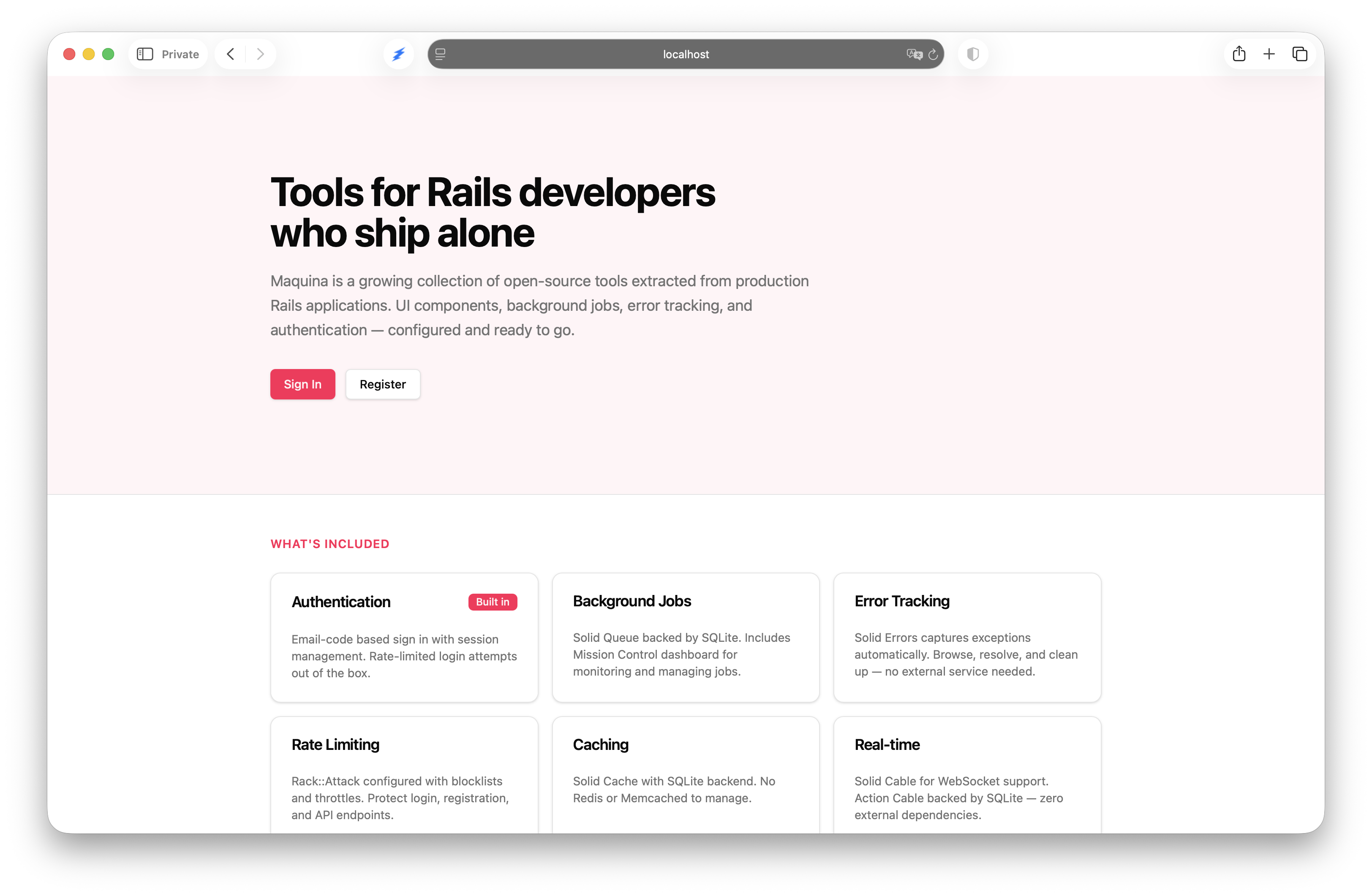 A generated Maquina app landing page showing authentication, background jobs, error tracking, rate limiting, caching, and real-time features