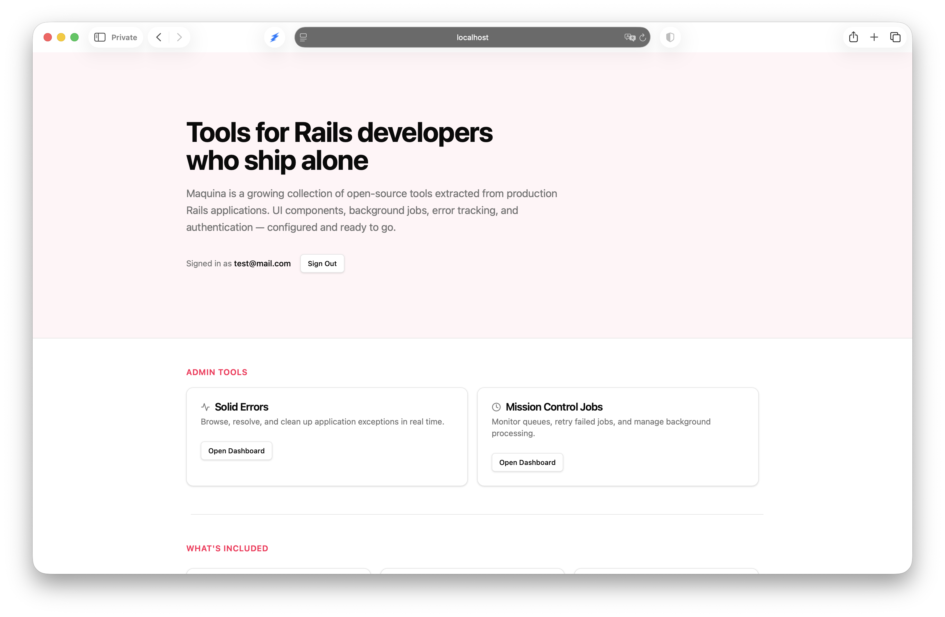 Admin dashboard with Solid Errors and Mission Control Jobs after signing in