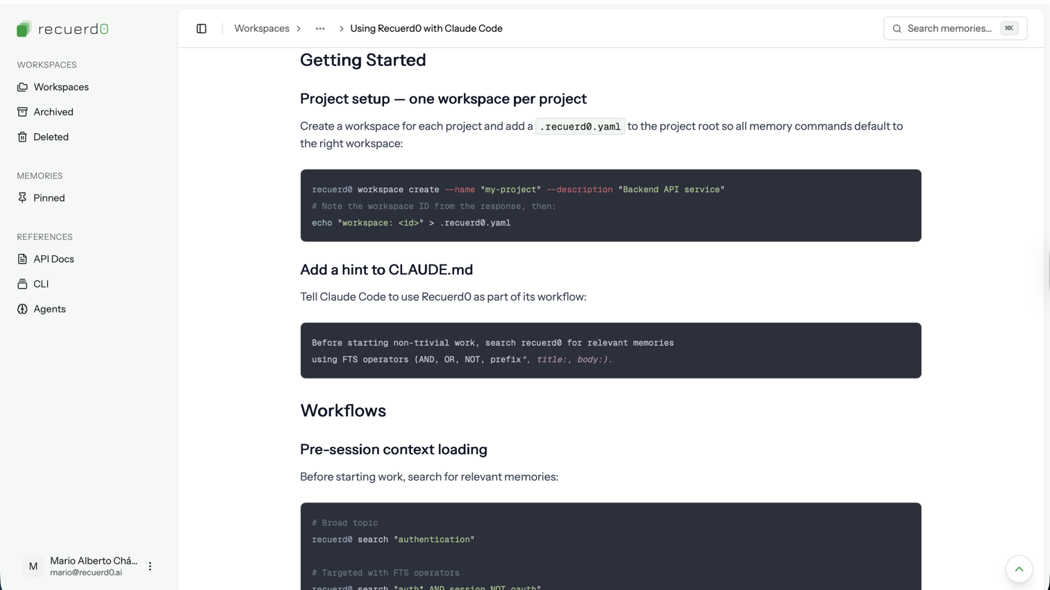 A recuerd0 memory open in the web UI, showing the markdown guide for using recuerd0 with Claude Code — including the recuerd0 search command for pre-session context loading and the CLAUDE.md hint that tells the agent to search memories before starting work