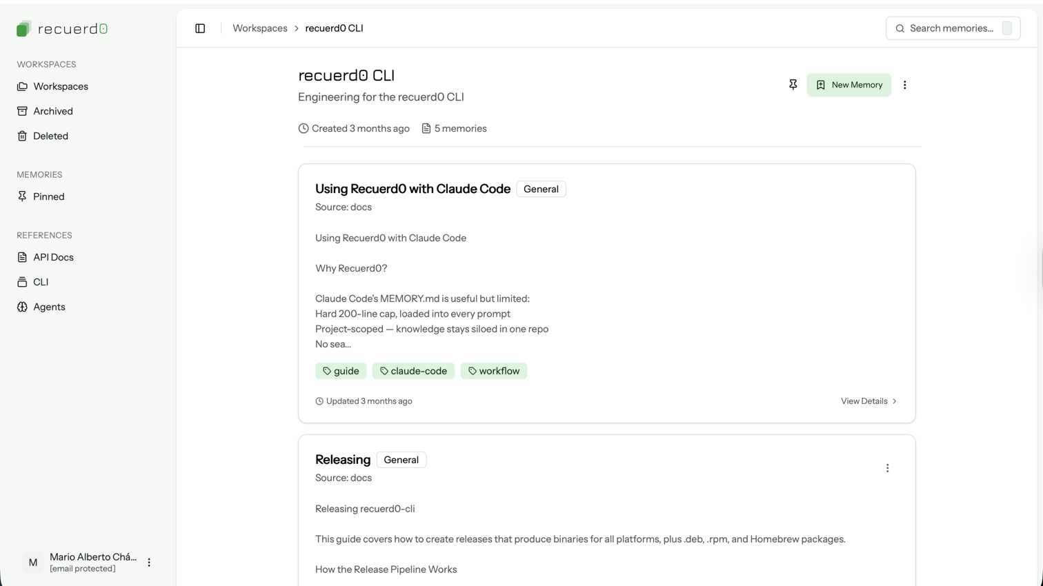 The recuerd0 CLI workspace in the web UI, listing intentional memories — each card showing its category and tags such as guide, claude-code, and workflow — the curated knowledge base that grows as every session adds to it