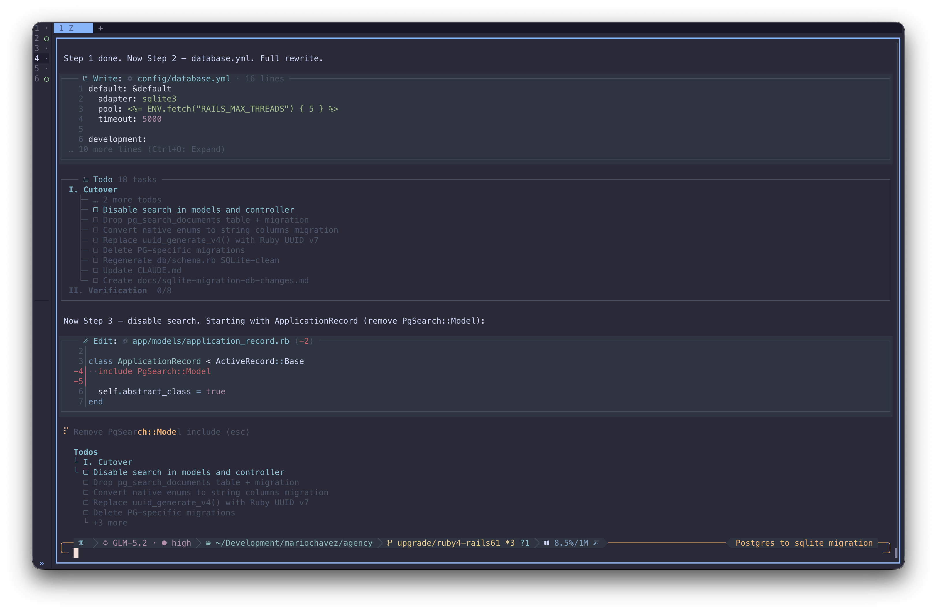 Executing the migration plan — Oh-My-Pi mid-run removing `PgSearch::Model` from `ApplicationRecord`, with the full task list visible and the model confirmed as GLM-5.2 on high reasoning.