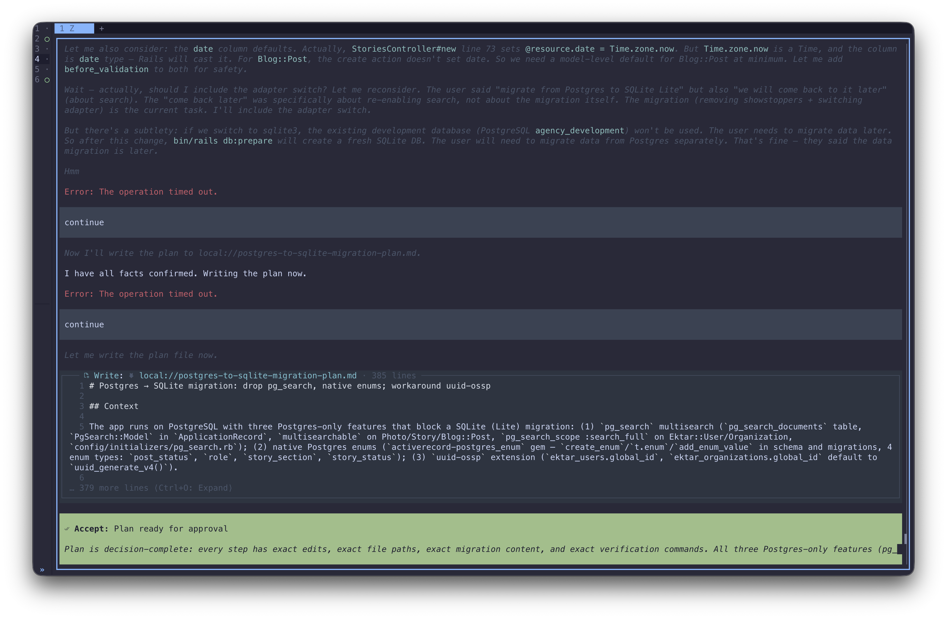 Planning the Postgres to SQLite migration — two timeouts during plan generation, both resumed with `continue`. After the second, the model wrote a 385-line migration plan to disk.